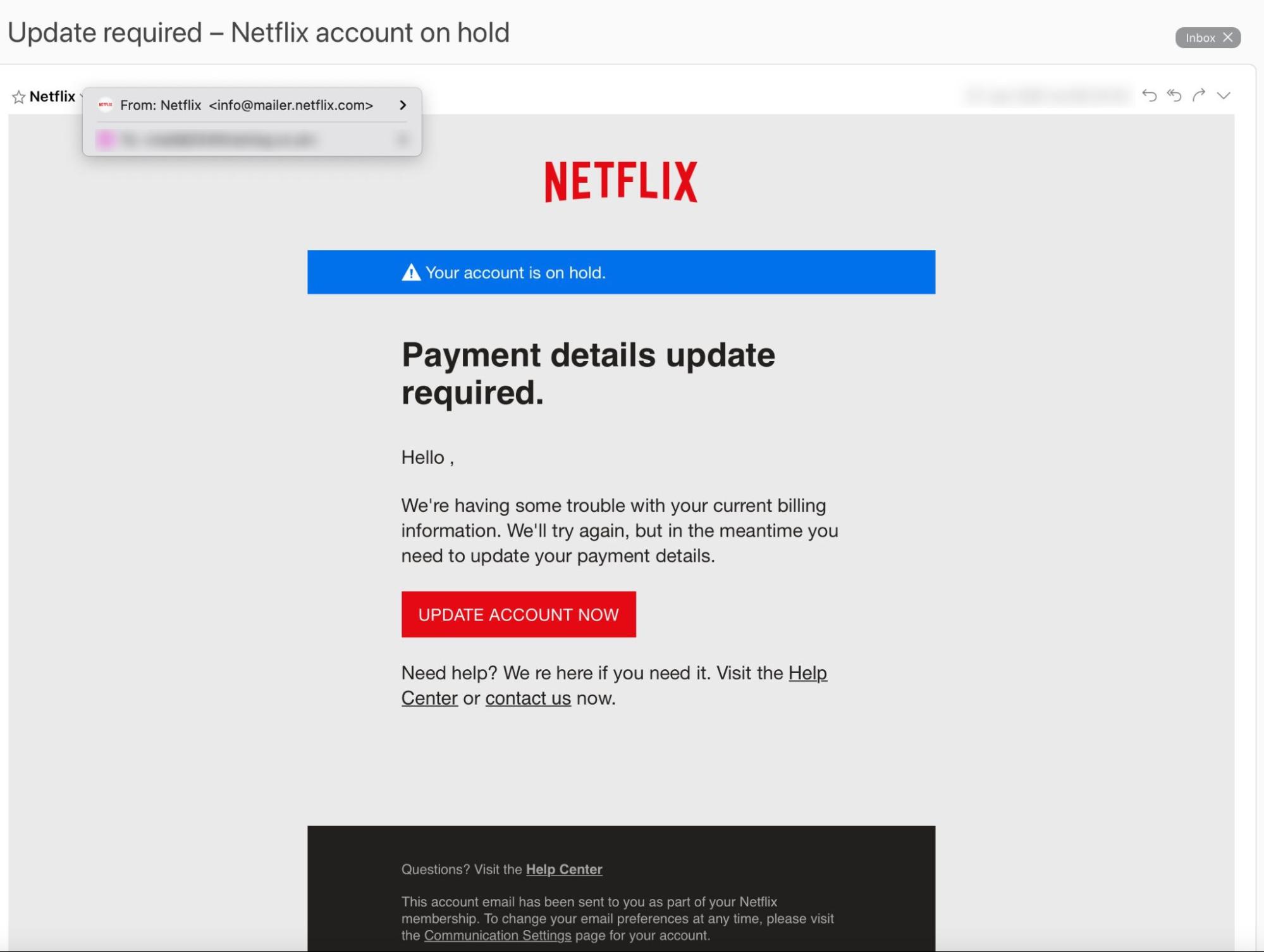 Fake Netflix malware email